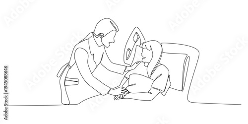 Continuous line drawing of nurse assisting female patient sitting on hospital bed during medical care and recovery support scene