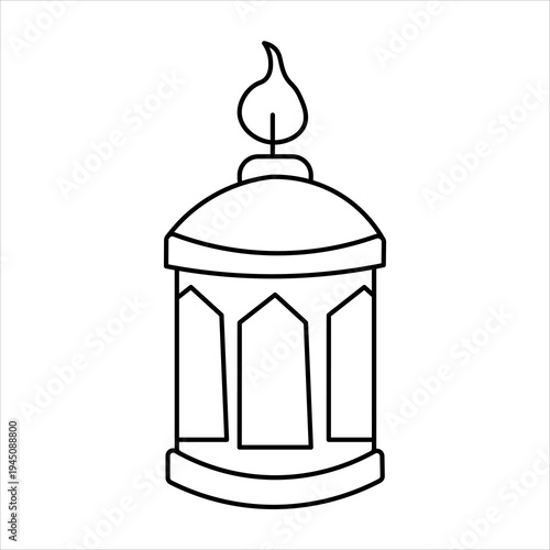 A simple black and white line drawing of a traditional Islamic lantern with a flame at the top.