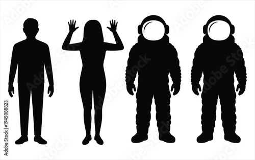 Four silhouettes including astronauts and human figures