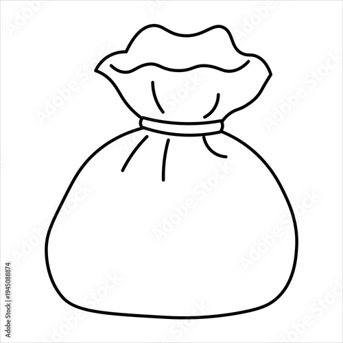 A simple black and white line drawing of a drawstring bag, depicted with a rounded bottom and a gathered top.