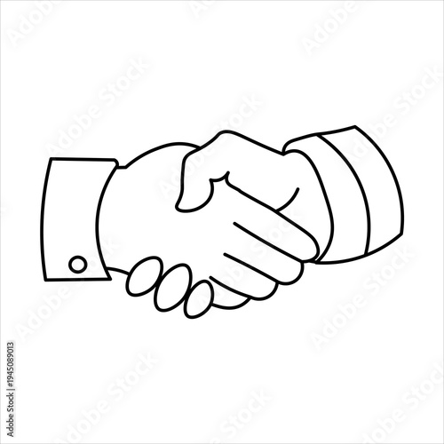 A simple black and white line drawing illustration of two hands shaking in agreement or greeting.