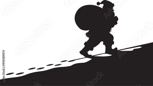 Santa Claus carrying a sack walking uphill silhouette