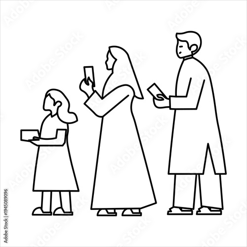 A family of three, a father, mother, and daughter, stand in a line, each holding a small rectangular object, possibly a phone or a gift.