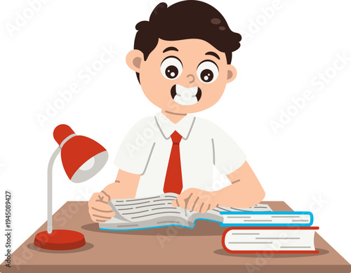 Boy Studying And Reading Book At Desk With Lamp