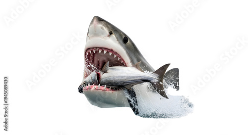 Shark aggressively attacks and devours a large fish in a sudden burst of speed and power