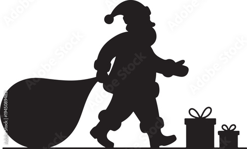 Santa Claus silhouette walking with sack and gifts