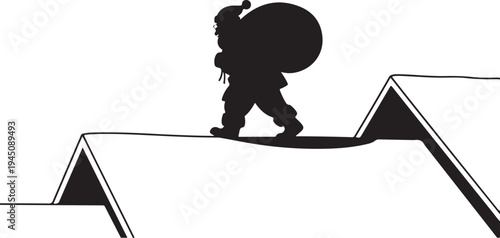 Santa Claus walking on rooftops with sack silhouette