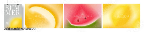 Summer gradient banners collection. Abstract vector cars with colourful gradients and blurred summer fruit and berries. Set of grainy backgrounds for summer events, ads, branding, cover, sale.
