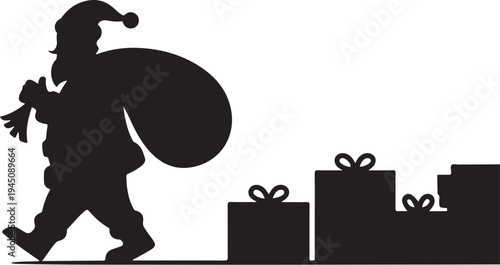 Santa Claus walking with sack and gifts silhouette