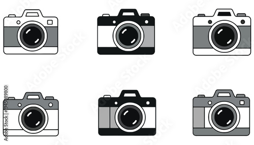 A camera icon set in various grayscale styles and outlines