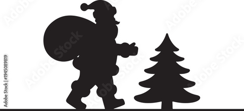 Santa Claus walking with sack beside Christmas tree