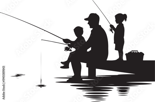Silhouette of a man and two children fishing on a dock