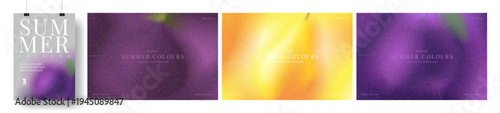 Beautiful summer gradient backgrounds. Vector cards with colourful gradients and blurred summer berries and fruit. Collection of trendy banners for summer events, ads, branding, cover, sale.