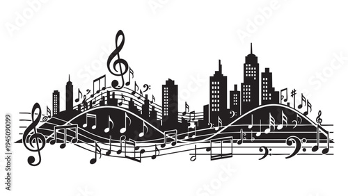 A cityscape with musical notes and treble clefs