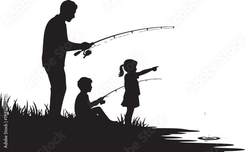 Silhouette of man and children fishing by water kids