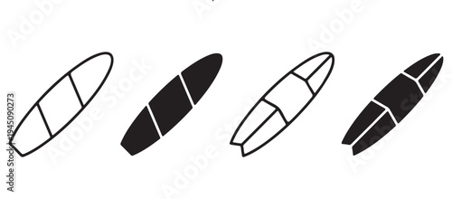 Surfboard Icon Set – Line, Silhouette and Flat Vector Icons for Surfing, Beach and Water Sports Design