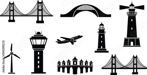Bridge, lighthouse, airport, wind, turbine, airplane, tower, landmark, silhouette, icon, set, architecture, transportation, infrastructure, vector, illustration, black, collection