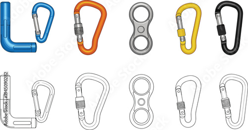 Carabiner, climbing, hook, mountaineering, safety, equipment, set, vector, illustration, metal, clip, outdoor, adventure, gear, rescue, sport, tool, collection, design, iconCarabiner