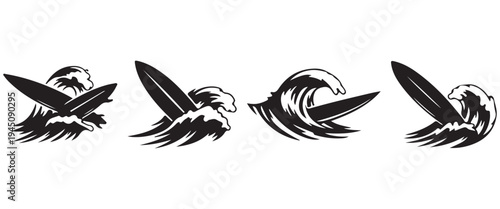 Surfboard Icon Set – Line, Silhouette and Flat Vector Icons for Surfing, Beach and Water Sports Design