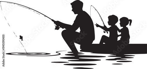 Silhouette of man and children fishing in water