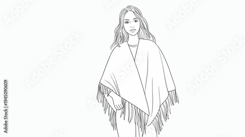 Woman wrapped in a shawl with fringe standing alone in a simple setting feeling serene and peaceful