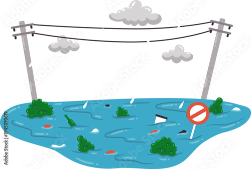 Flood Disaster Submerging Low Residential Urban Area