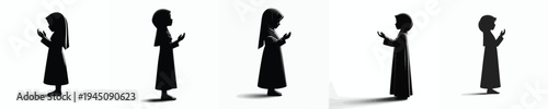 vector silhouette of a little Muslim girl standing in a prayer gesture with raised hands side view