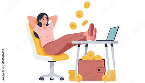 A woman relaxing in an office chair with money floating around her laptop