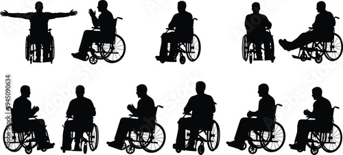 Wheelchair user silhouette set disabled people sitting in wheelchair different poses disability support mobility concept isolated vector illustration collection