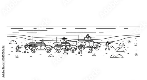 Military convoy with soldiers and vehicles in desert landscape, action scene