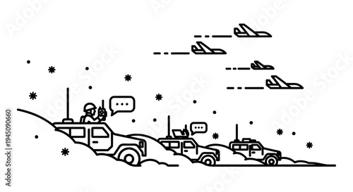 Military convoy in snow with aircraft overhead, communication and strategy concept