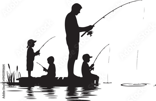 Silhouette of man and children fishing on a raft in calm water
