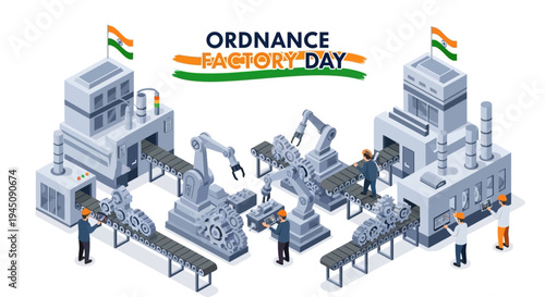 Illustration of people working at various industrial machines in a factory with Indian flags on Ordnance Factory Day, showcasing defense manufacturing in India.