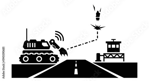 Military drone tank launches missile at target from road, modern warfare concept