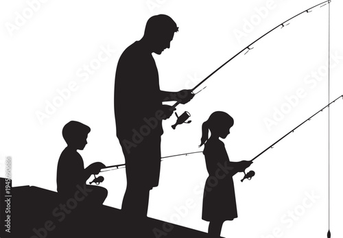 Silhouette of man and children fishing kids