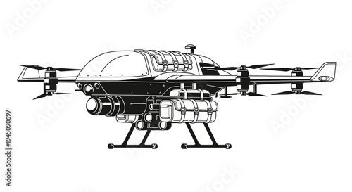 Military Drone with Weapons, Quadcopter for Combat and Surveillance, Futuristic Aerial Vehicle
