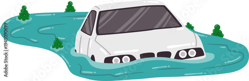 Flood Disaster Submerging Car After Heavy Rainfall