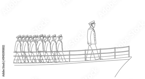 Military Officers Marching on Ship Deck, Leader at Front