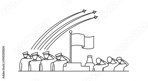 Military Parade Salute with Air Show Formation: Soldiers Honoring Flag