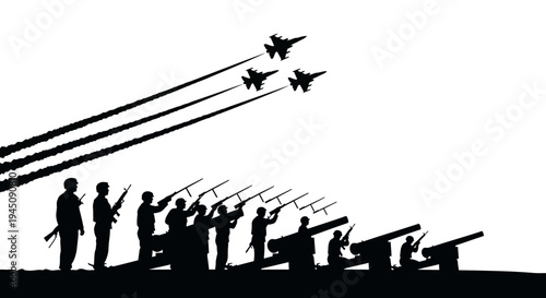 Military Parade: Soldiers with Rifles and Cannons, Fighter Jets Fly Overhead