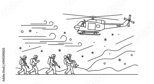 Military rescue operation: soldiers carrying injured person, helicopter flying overhead