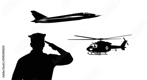 Military Salute: Soldier, Jet Fighter, and Helicopter in Silhouette