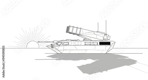 Military Rocket Launcher Vehicle Silhouette at Sunrise with Dramatic Sunburst