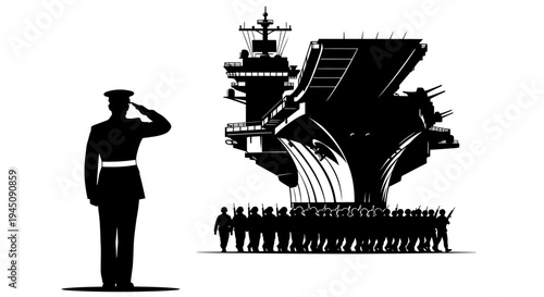 Military Salute to Aircraft Carrier and Troops Silhouette