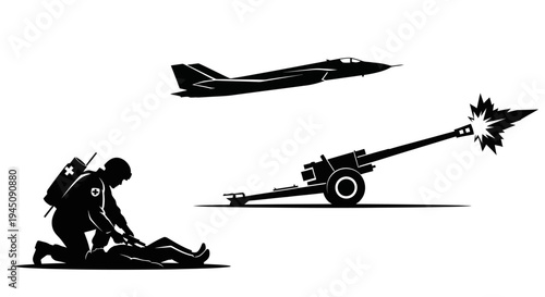 Military Silhouette: Jet, Artillery, Medic Helping Injured Soldier