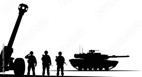 Military Silhouette: Tank, Artillery, Soldiers Saluting on White Background