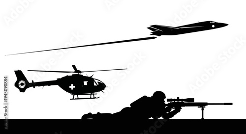 Military Silhouette: Sniper, Helicopter, and Jet Fighter in Action