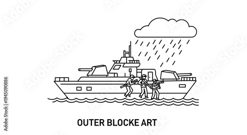 Military ship in rain with soldiers on deck, naval warfare concept