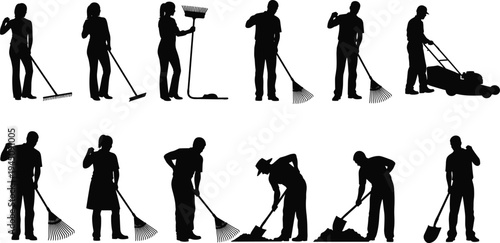 Gardener, worker, silhouette, set, gardening, tools, rake, shovel, lawnmower, cleaning, outdoor, landscaping, people, collection, vector, black, illustration, maintenance, yard, work