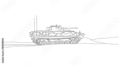 Military Tank on a Desert Landscape - Line Art Illustration